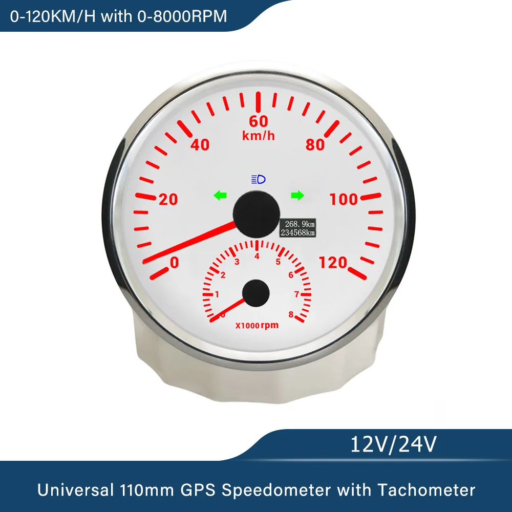 ELING Car 110mm GPS Speedometer 0-120K 0-200K 0-120M 0-160M with 8000RPM Tachometer with Red Backlight for Yacht Trucks 12V 24V