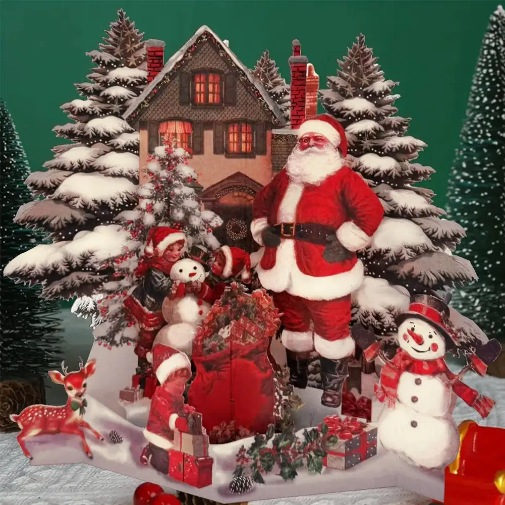 3D-Weihnachtskarte „Night Before Christmas“-Szene mit Weihnachtsmann, verschneitem Dorf und Mondlicht, Himmel, festliche Feiertags-Grußkarte, festliches Geschenk Image