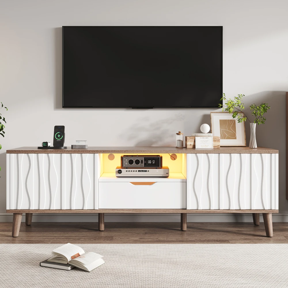 Meuble TV LED blanc 160x40x52 cm, meuble TV moderne avec porte coulissante et grand espace de rangement, meuble de divertissement adapté aux téléviseurs jusqu'à 70 pouces, meuble pratique pour la