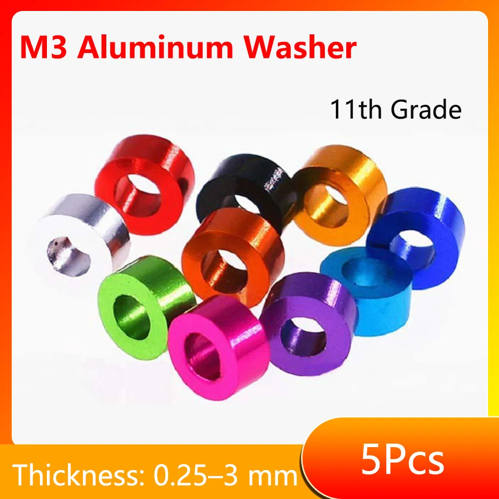 5 Stück/Set M3 Aluminium-Unterlegscheiben M3x6x0,25/0,5/1/1,5/2/2,5/3mm Farbige Eloxierte Aluminium-Flachunterlegscheiben Dichtungsdicke 0,25–3mm
