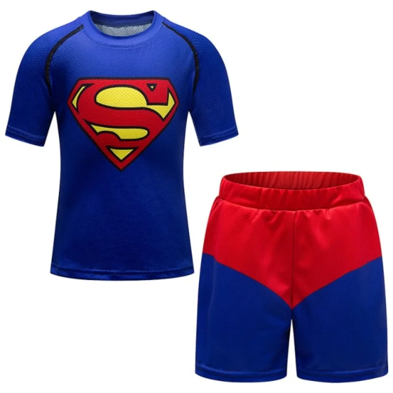 Super beliebtes Superman-Logo-Muster Rundhals-Trend-T-Shirt, Schnelltrocknendes Kinder-Sportset mit Motiven für Gerechtigkeit und Dunkelheit Image