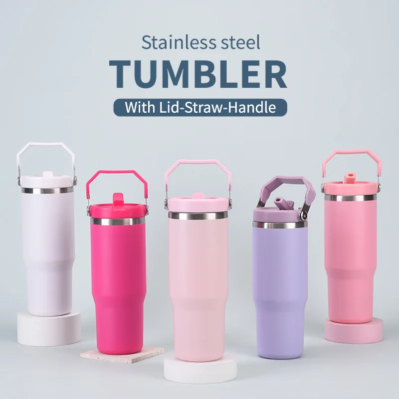30OZ Auto-Thermosbecher mit Griff und Strohhalm, doppelschichtiger Edelstahl, vakuumisoliert, tragbarer Eis-Bullock-BECHER, Wasserflasche Image