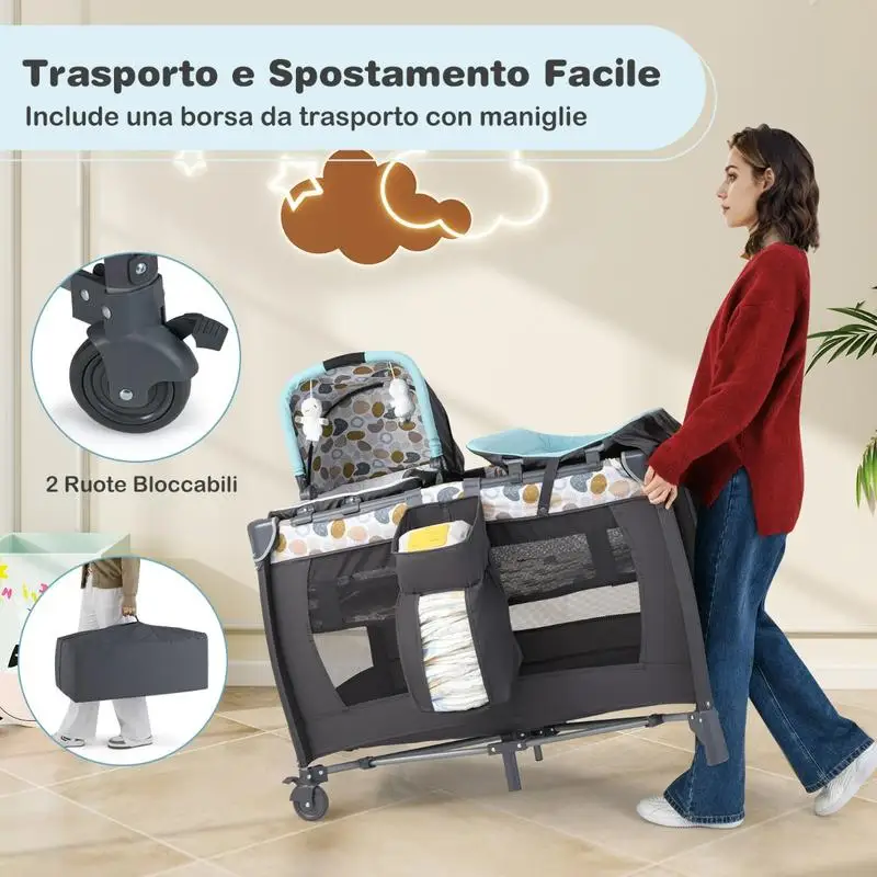 Tragbares Baby-Laufgitter mit Schaukelwiege und Wickeltisch, faltbares Reisebett für Neugeborene und Kleinkinder bis 3 Jahre alt B Image