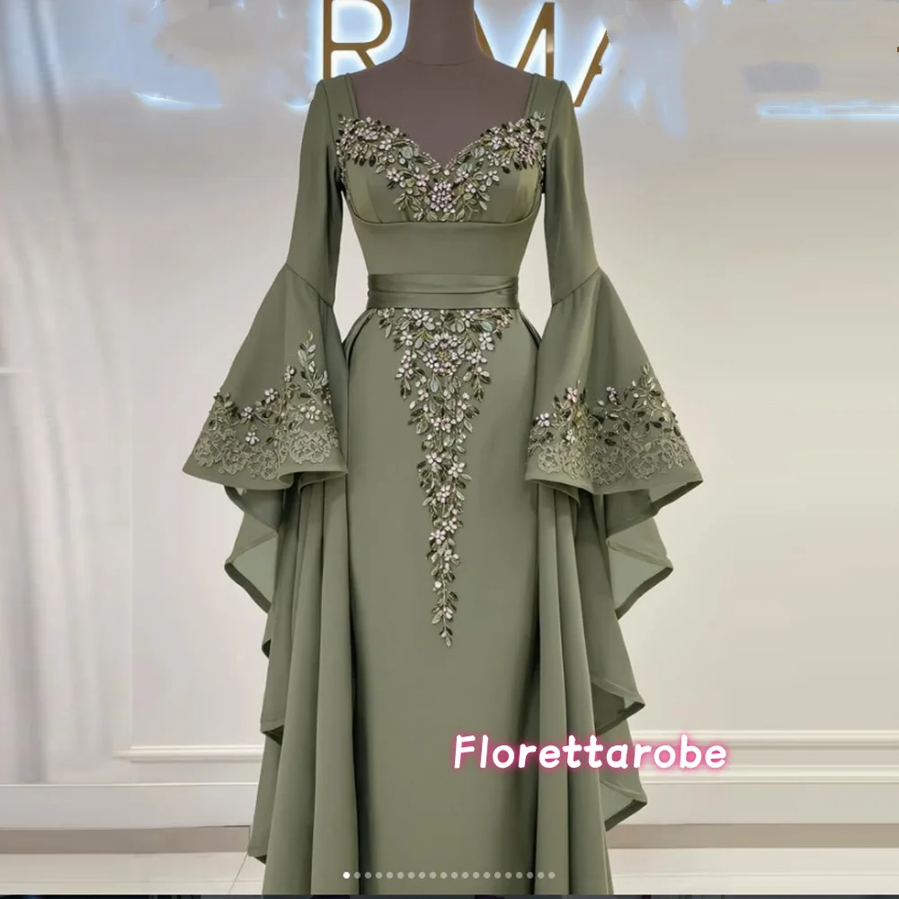 Moroccan Kaftan Muslim Evening Dress A-line Long Sleeves V-Neck Applique Sequins Dubai Arabic Abaya Prom Gowns Customized