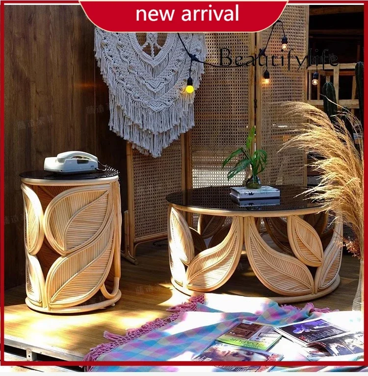 BJ salon combinaison ronde petite Table ronde Ins rotin Art Table basse nordique Simple petit appartement