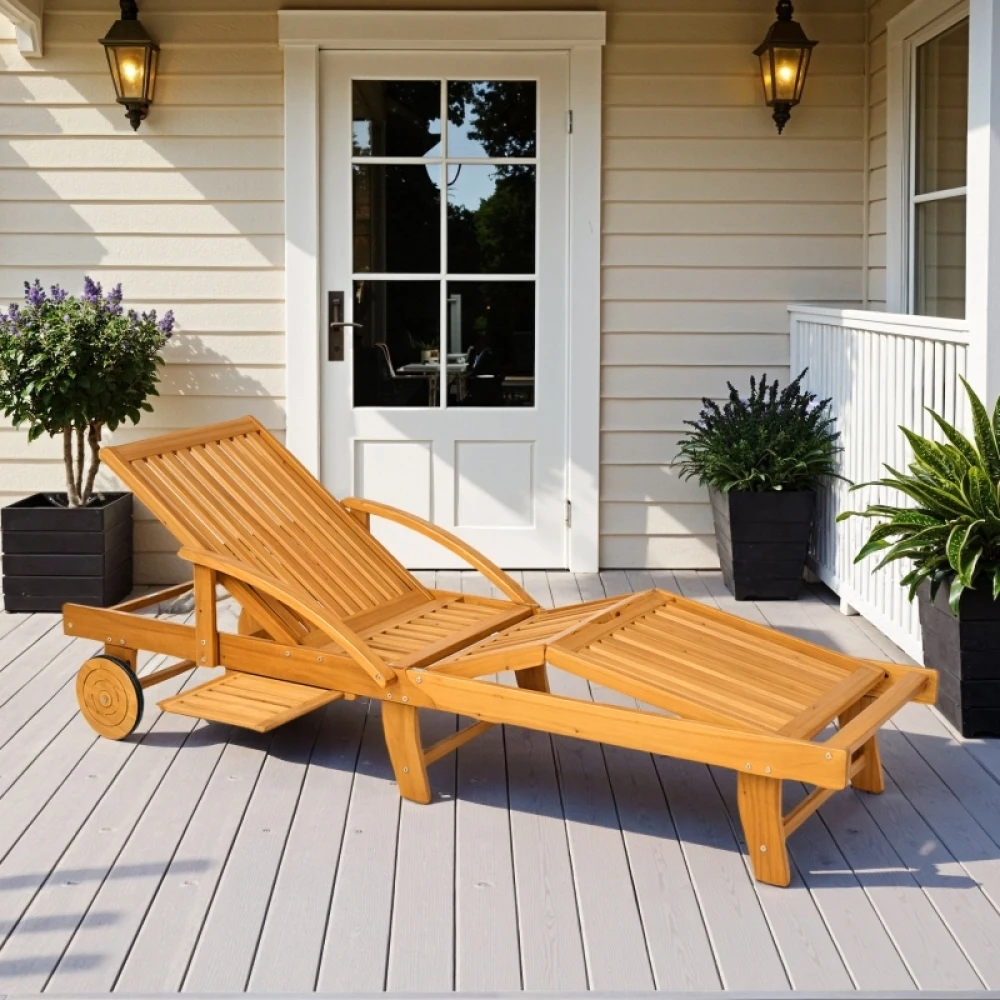 Chaise longue de jardin pliante en bois avec table d'appoint, roulettes, dossier inclinable à 4 positions, chaise longue de camping, chaise de jardin, supporte jusqu'à 160 kg, pour jardin, plage, teck
