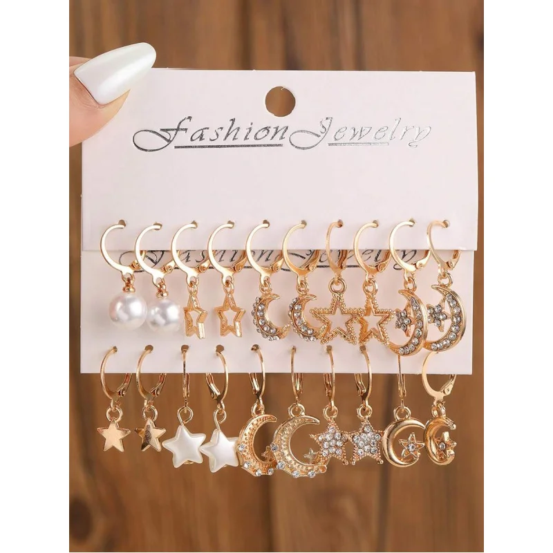 5 Paar elegante, luxuriöse Ohrringe mit Stern- und Mondanhänger, Accessoires für den Alltag, für Dates, für Partys, Geschenk für Frauen Image