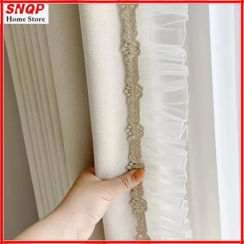 Französische romantische cremefarbene Baumwoll-Leinen-Spitze-Luxusvorhänge für Wohnzimmer, Schlafzimmer, Esszimmer, Fenster, weißer Tüll, elegante benutzerdefinierte Größe