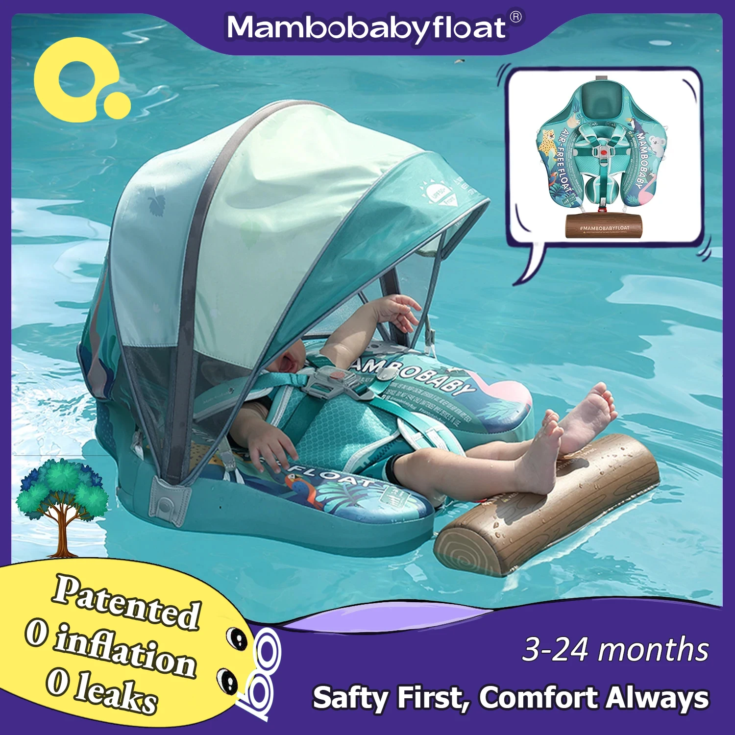 Mambobaby Baby-Pool-Schwimmer mit Baldachin und Fliesen, Baby-Schwimmring, Säuglings-Schwimmtrainer, Kreis mit verstellbarem Riemen für Jungen und Mädchen Image