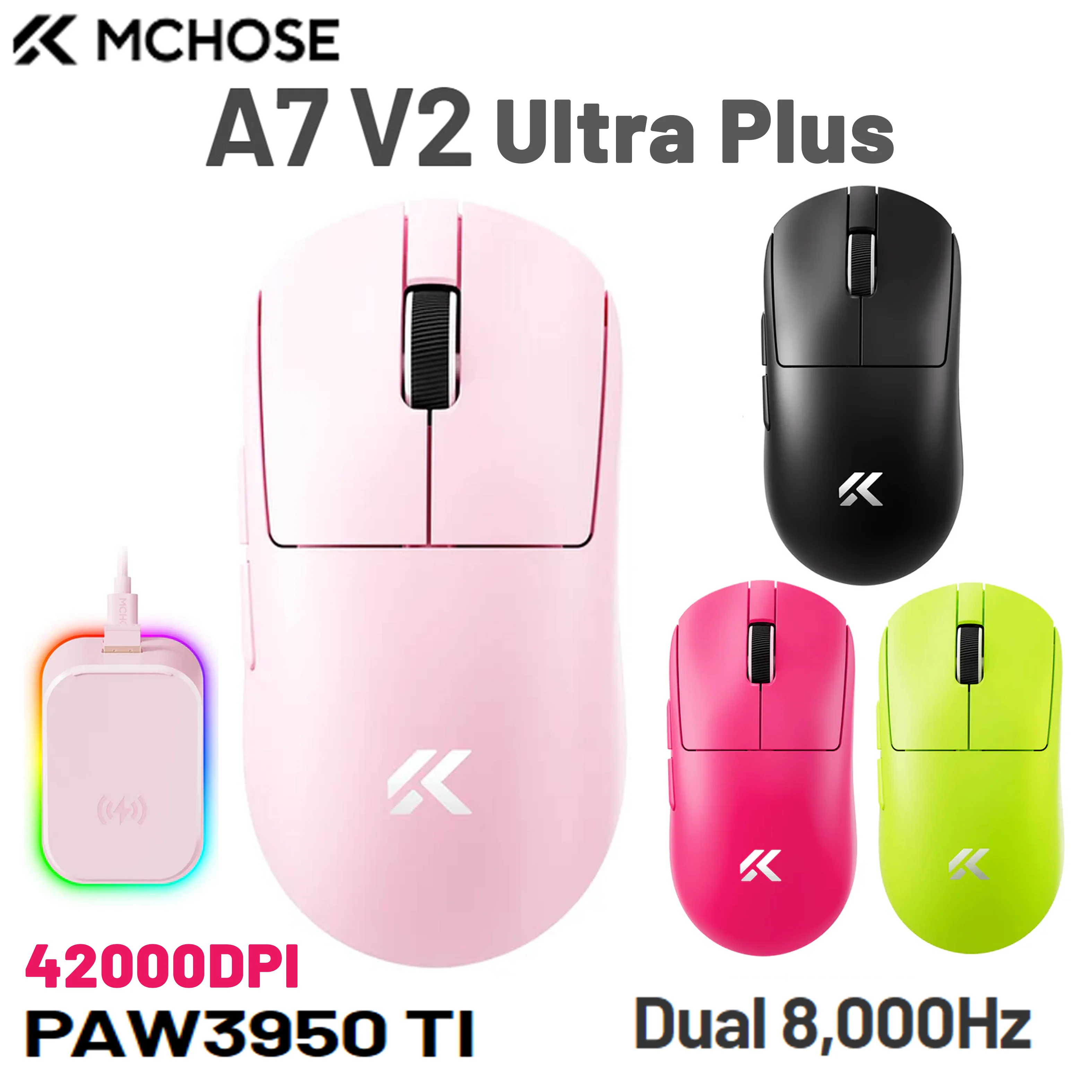 MCHOSE A7V2 Ultra Plus eSports Gaming-Maus 3950TI Trimode 42000DPI Leichte Doppel-8k-Maus Importierte Super-Glide-Glasbeschichtung Image