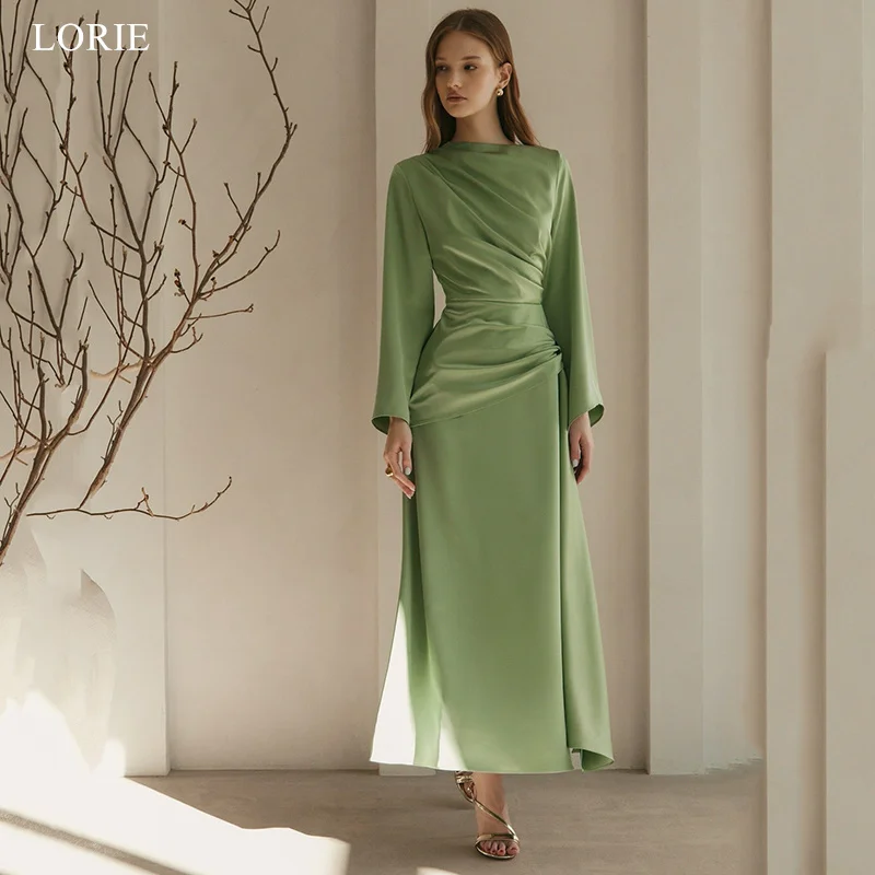 LORIE Elegant Satin Party Dresses Green Pleats Full Sleeves Evening Prom Dress Draped A-Line Prom Gown Customized