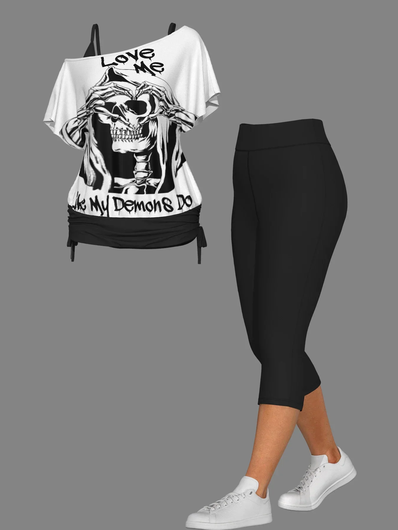 Frauen Plus Größe Zwei Stück Anzug Set Gothic Love Me Brief Schädel Mode Eine Schulter Casual Print Set Top und Shorts Outfit 2025 Image