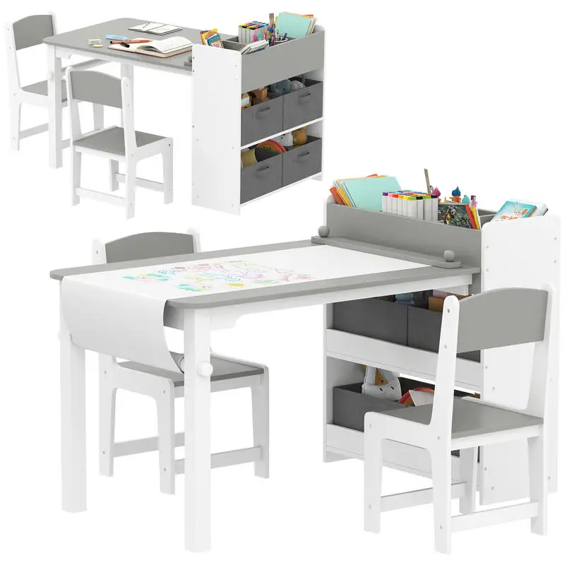 Kindertisch- und Stuhlset mit 2 Stühlen und Aufbewahrungstisch, aus Holz und Vliesstoff, Grau und Weiß
