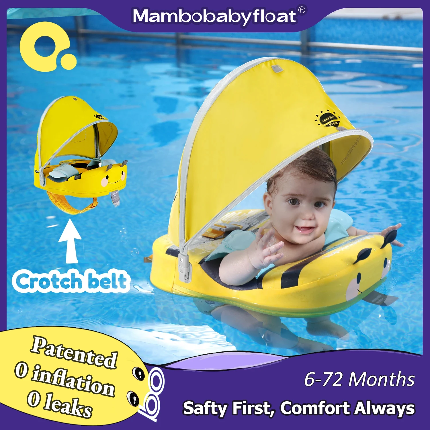 Baby Float mit Schritt riemen & inflation freien Solid Core Mambo baby Kid Schwimm ring haben Sonnenschutz 0-7 Jahre alte Schwimmbad röhre Image