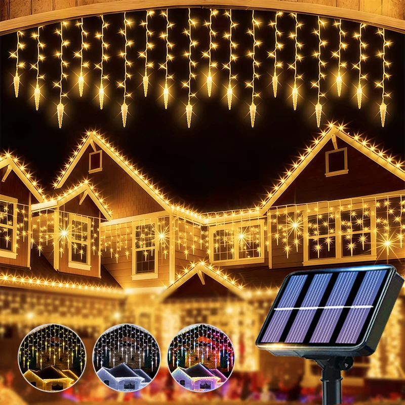 Solarenergie 8-Modus Eiszapfen-Lichterkette Winter Weihnachts-Dekorationsbeleuchtung Korridor Dachrand Hof Außen Hochzeits-Lichterkette