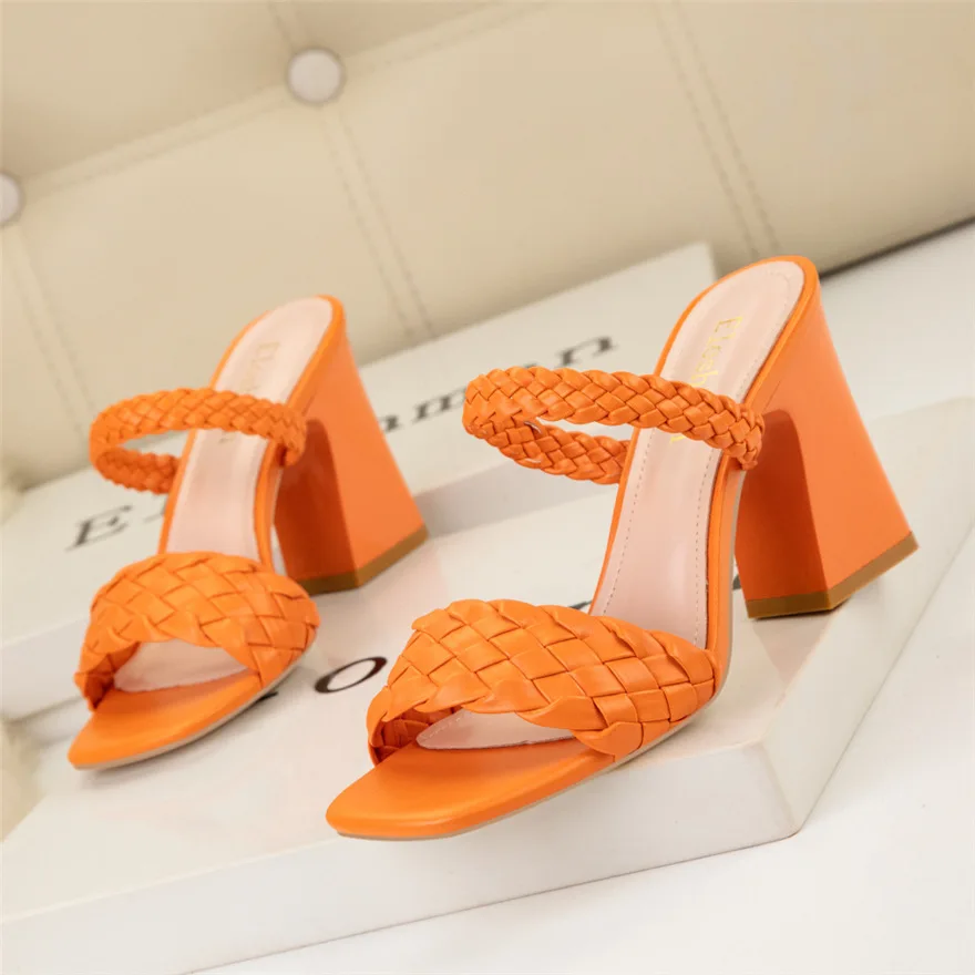 Mode Weben Starke Ferse frauen Hausschuhe Karree Sommer Casual Damen Rutschen Rot Orange Schuhe Slip Auf Strand Sexy pumpen Frau