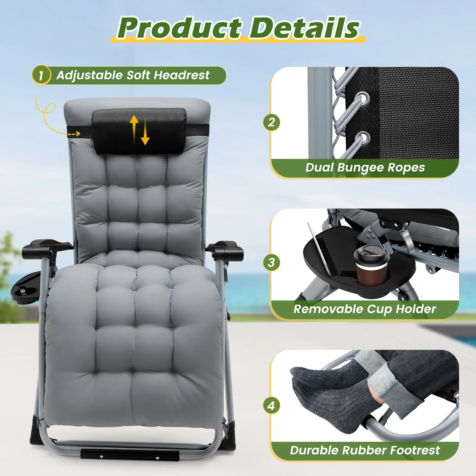 Chaise longue pliante zéro gravité 72 cm, chaise de jardin grande taille avec coussin en coton pour jardin, terrasse extérieure, chaise longue de jardin, capacité de charge 160 kg