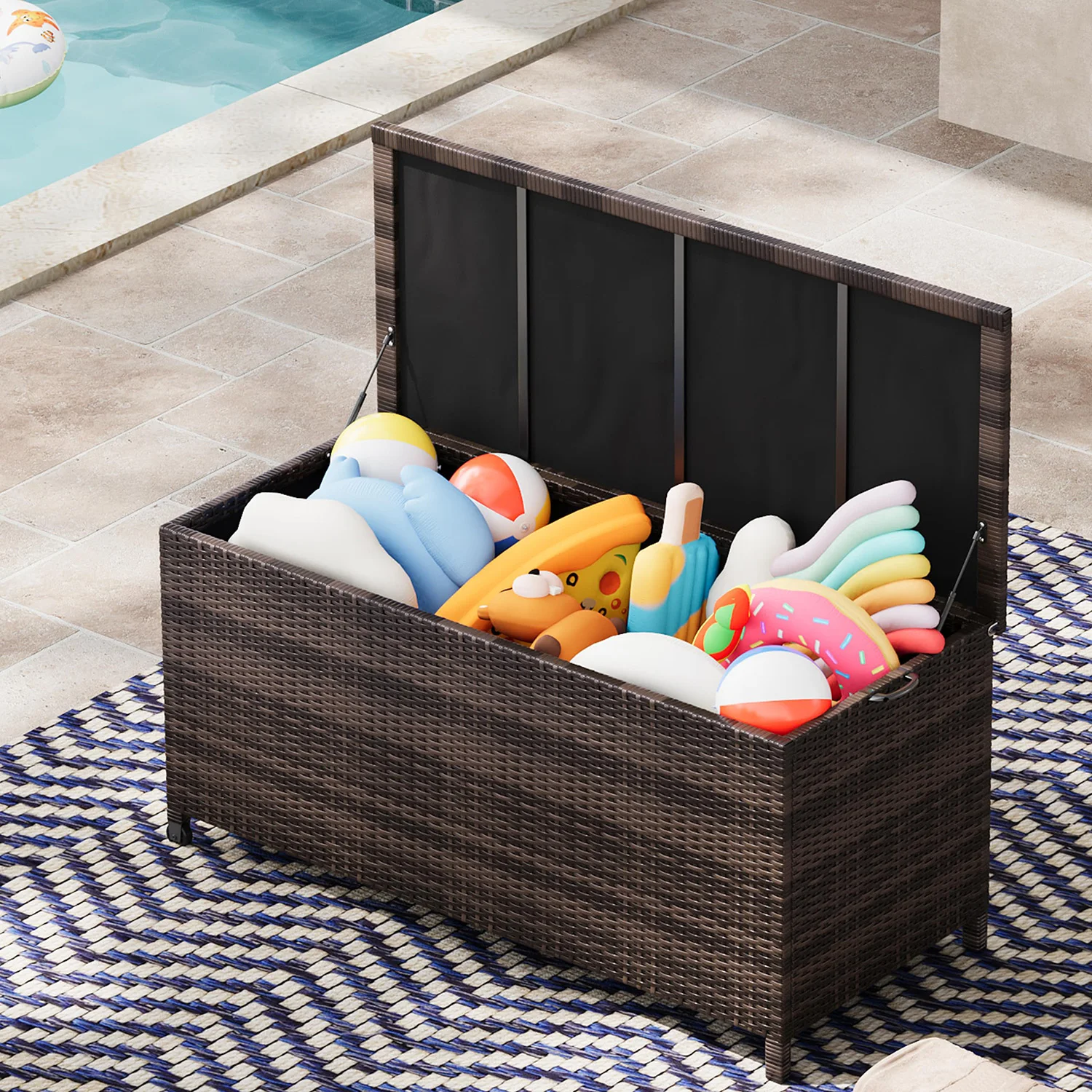 480L Outdoor-Aufbewahrungsbox mit Rollen, wetterfeste Polyrattan-Aufbewahrungstruhe für Garten, Balkon, Terrasse, 132 cm
