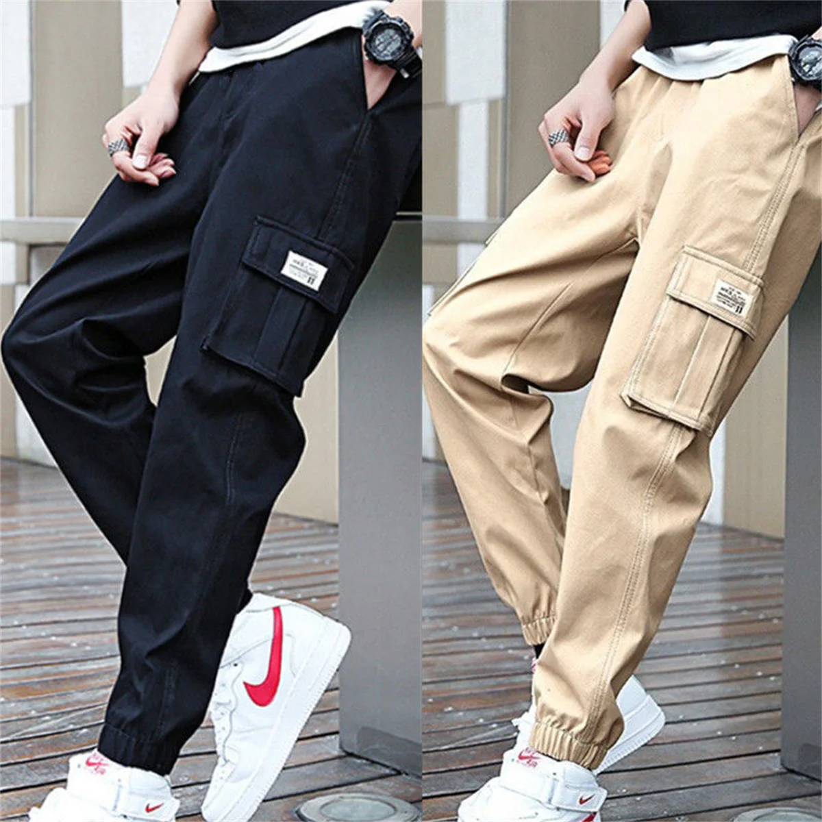 Schwarze Hip-Hop Herren Multi-Taschen Cargo Haremshose Lässige Herrenhose Jogginghose Mode Harajuku Männerhose Jungenhose