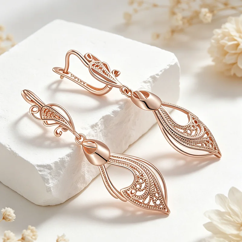 Kinel Trendige Einzigartige Glänzende Lange Hängeohrringe für Damen Mode 585 Roségold Farbige Metall-Blumen Hochwertige Tägliche Feine Schmuckstücke Image