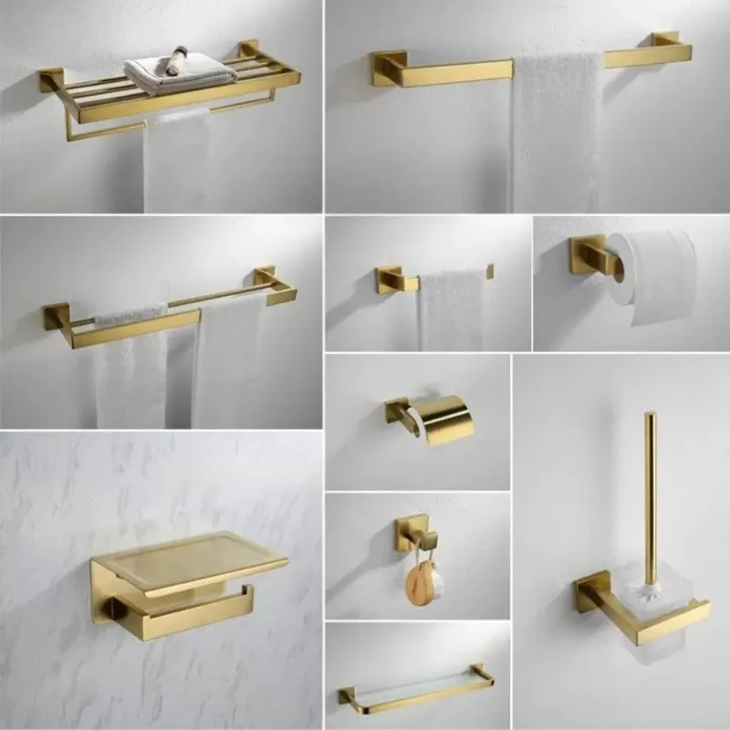 Ensemble d'accessoires de salle de bain en or brossé : Porte-brosse WC, Porte-papier toilette, Porte-serviettes, Porte-savon, Crochets et autres accessoires de quincaillerie