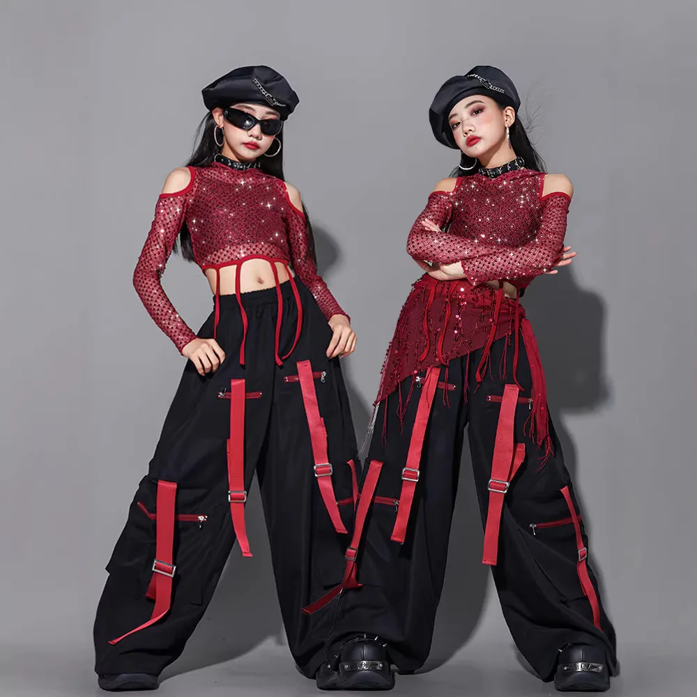 Mädchen Hip-Hop Glänzendes ROTES Pailletten-Top Schwarze Cargo-Hose Mode K-Pop Streetwear Gruppen-Jazz-Tanzkostüm Bühnenoutfit Set
