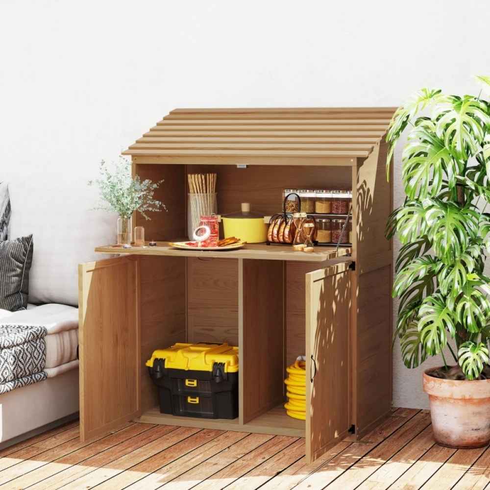 Armoire de jardin en bois, abri à outils avec toit en pignon, table pliable, portes doubles, 110 x 54 x 136 cm, armoire à outils résistante aux intempéries, abri de jardin pour jardin, terrasse, bois