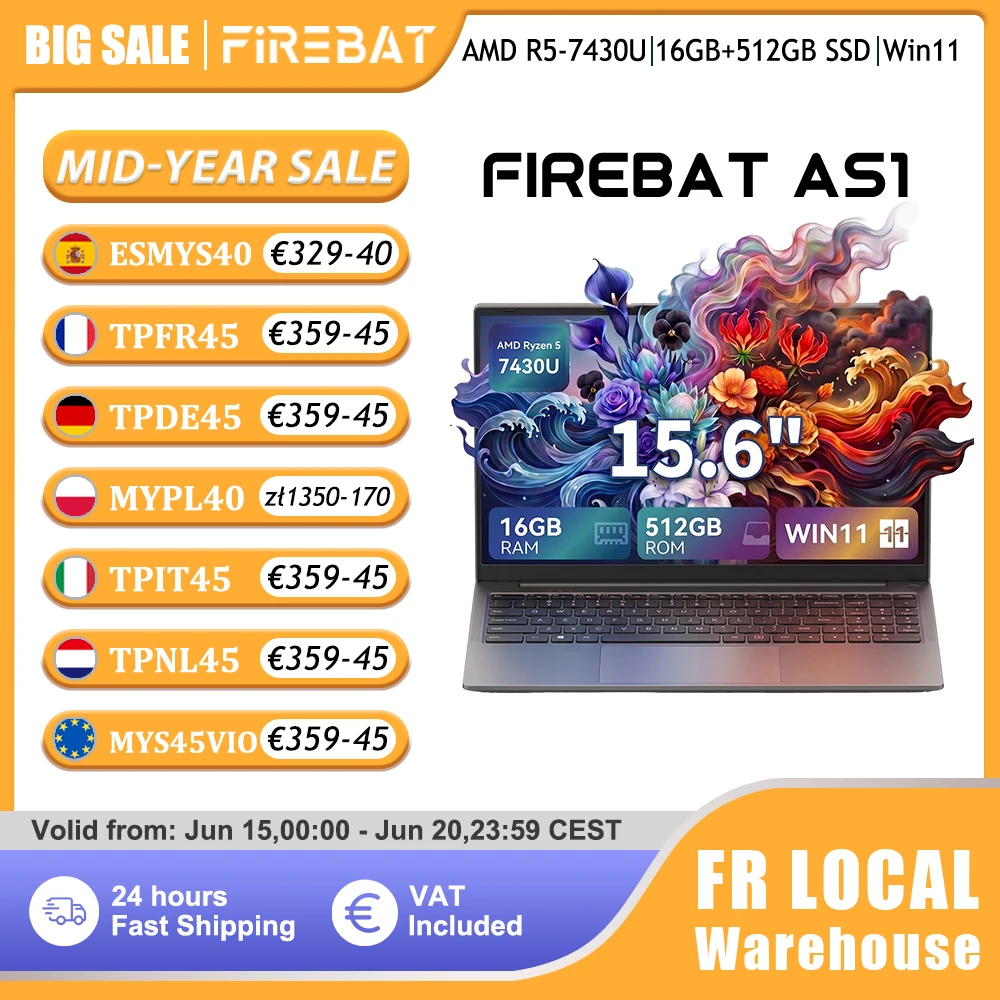 Firebat Laptop AS1 Ryzen 5 7430U 16 GB DDR4 512 GB SSD 15,6 Zoll FHD IPS Typ-C Wifi6 Tastatur in voller Größe Image