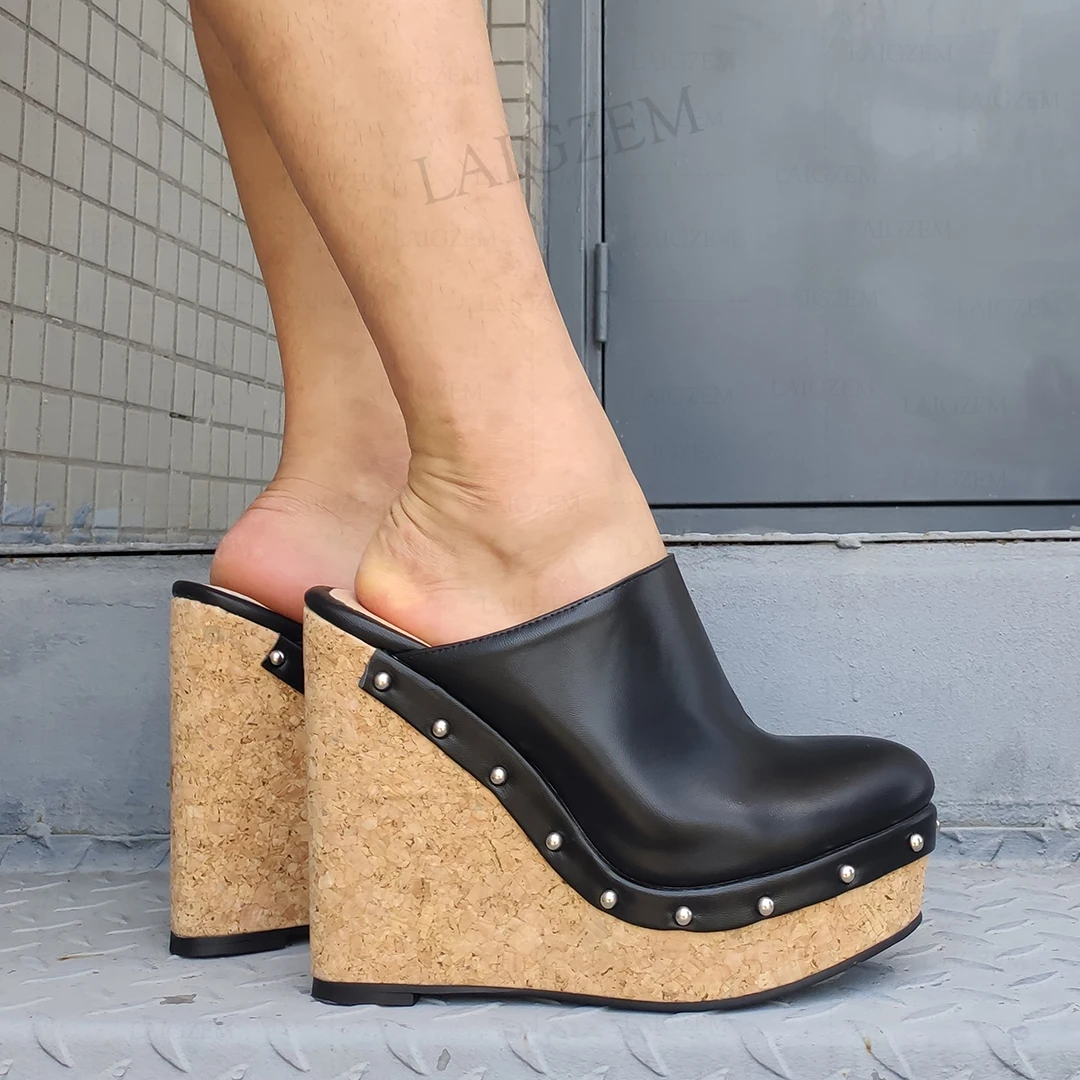 LAIGZEM Damen-Pumps mit Keilabsatz, Korkdruck, Slip-On-Pumps, Kunstleder, Höhe erhöhen, handgefertigte Schuhe, Damen, große Größe 41, 46, 50 52,