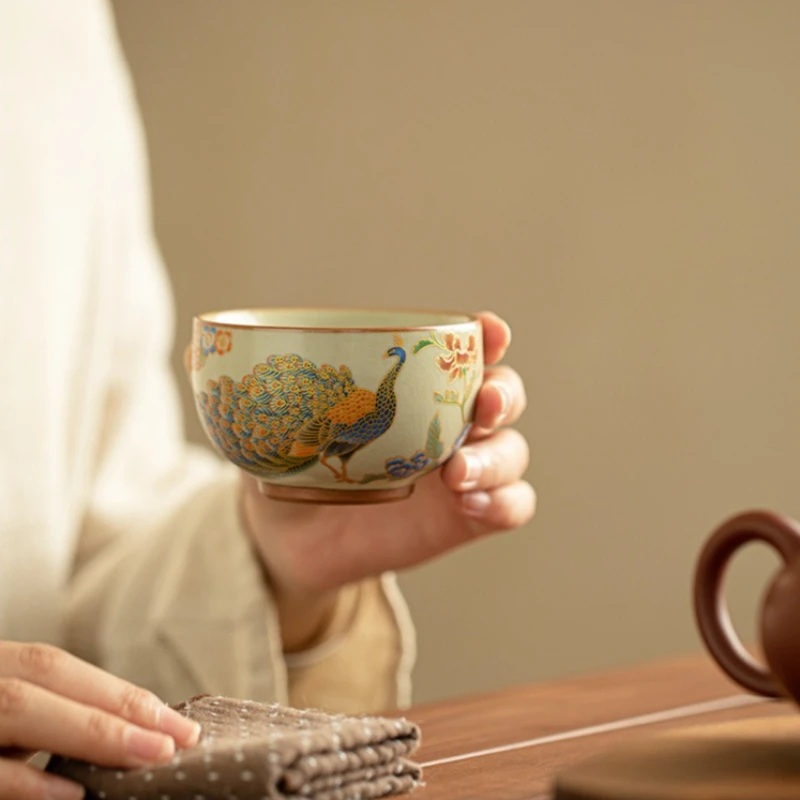 Ruyao Pfauenblau Keramik-Teetasse Zen-Meditation Handgefertigtes Gongfu-Tee-Set Craquelé-Glasur Persönliches Teegeschirr Geschenk für die Familie Image