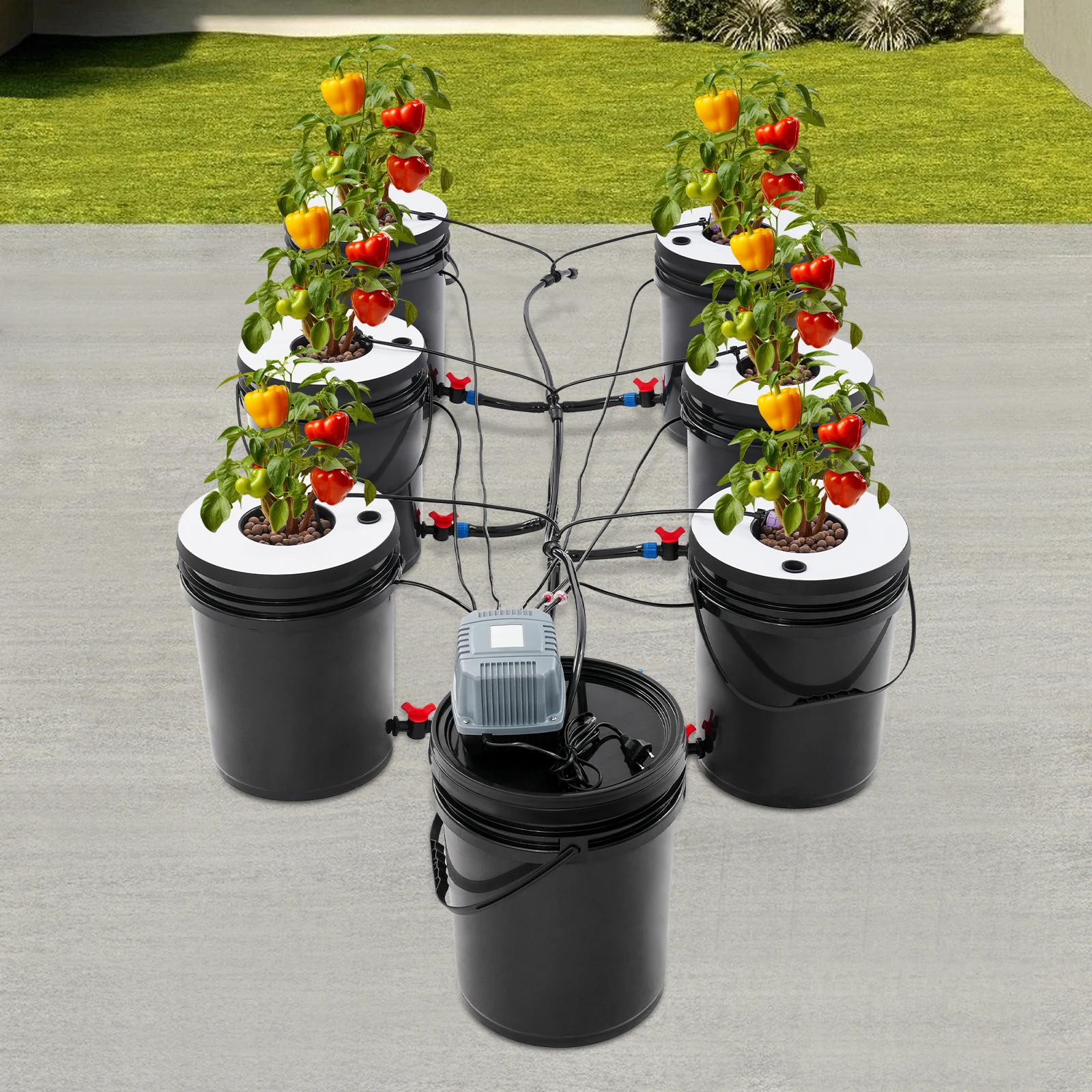 Hydroponisches Eimer-Set für Tiefwasserkultur, 7 Pflanzeneimer 20L/4,4gal, mit Luftpumpe zum Anbau von Erdbeeren, Salat Image
