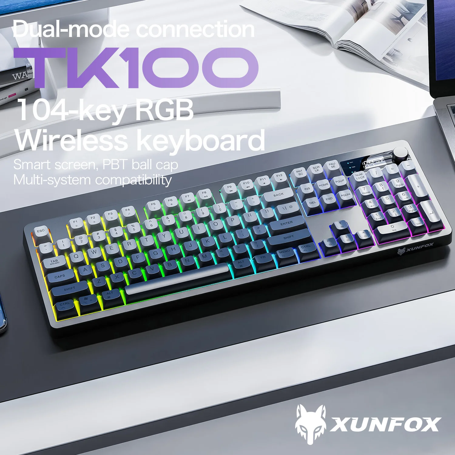 XUNFOX TK100 Bluetooth Wireless Dual-Mode-Tastatur TFT Smart Screen Desktop Laptop Büro E-Sport-Spiel RGB-Lichteffekt Image