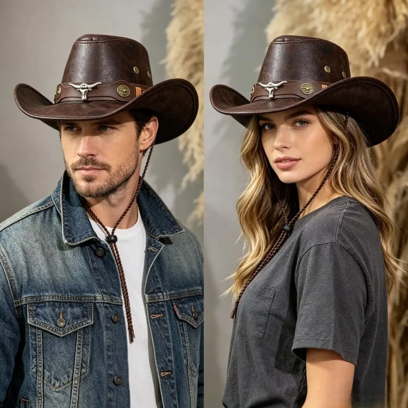 Neuer Western Cowboy Ritterhut Retro Outdoor Reise Flachkopf-Ritterhut Partyhüte Cowboy-Accessoires für Männer und Frauen Image