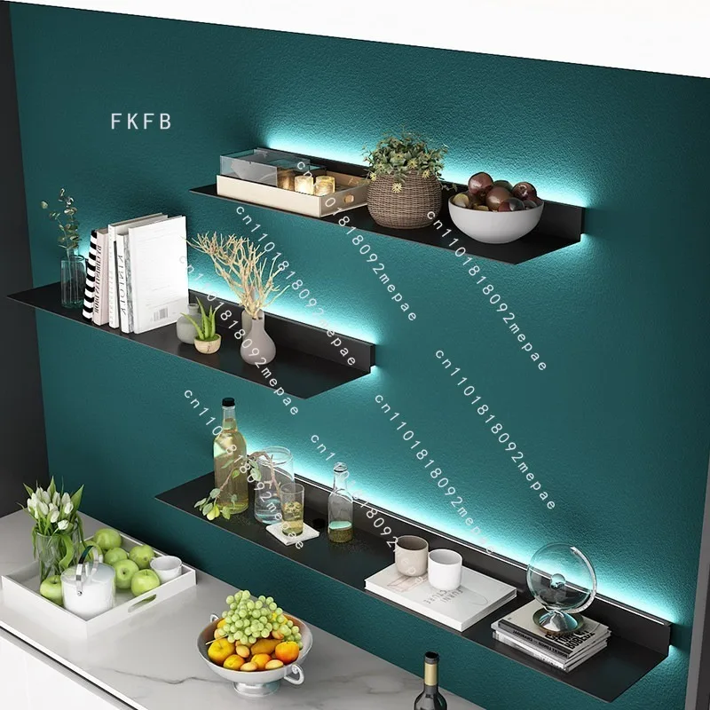 Modernes, schlichtes, leuchtendes Wandregal, Bücherregal, Wandhängeregal aus Schmiedeeisen, Wandbaffle, Wohnzimmer-Laminat-Präsentationsständer Image