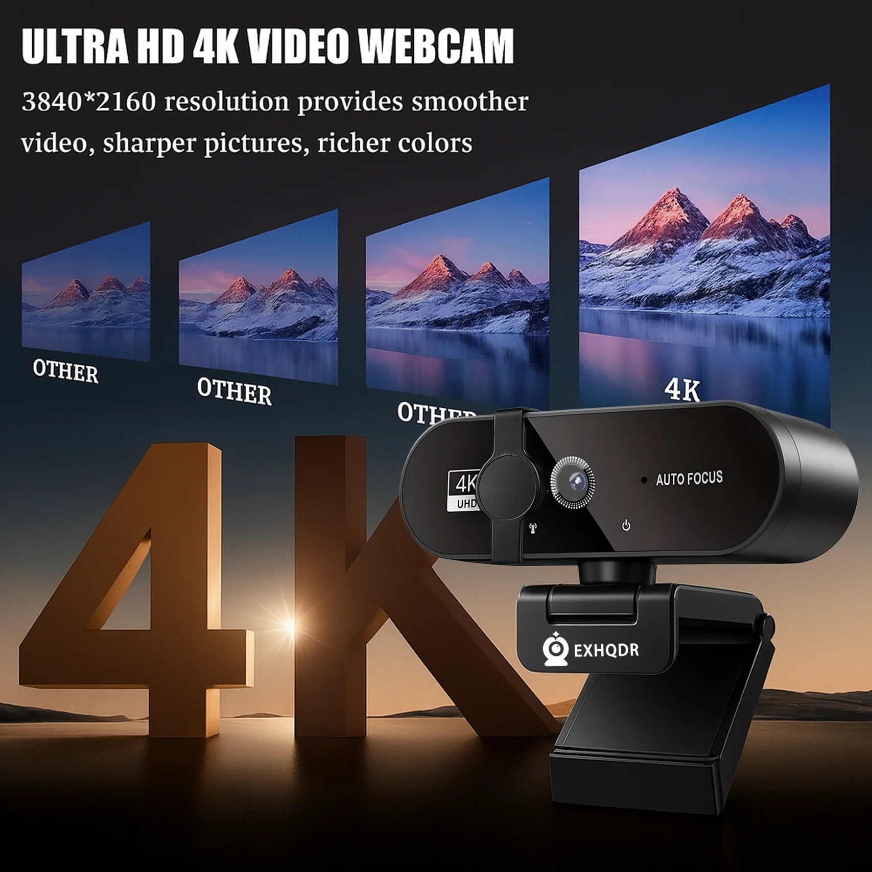 EXHQDR True 4K Webcam mit schnellem Autofokus, hochauflösendem Video, Geschenkbox, kostenlosem Typ-C-Adapter und Stativ für Streaming, Meetings Image