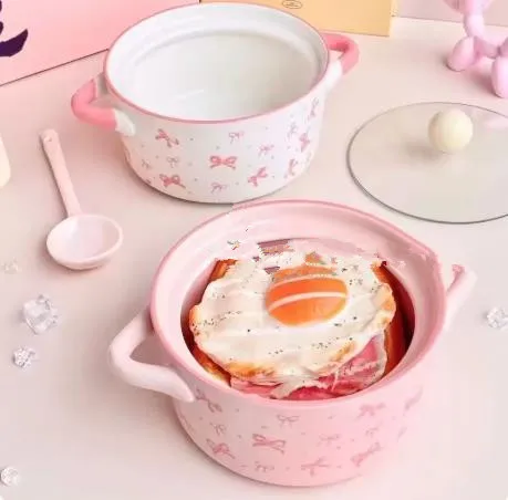 Pink Bow Double Ear Handle Bowl Ceramic Instant Noodles Bowl with Lid Cute Girl Heart Soup Bowl, High Beauty Household Rice Bowl