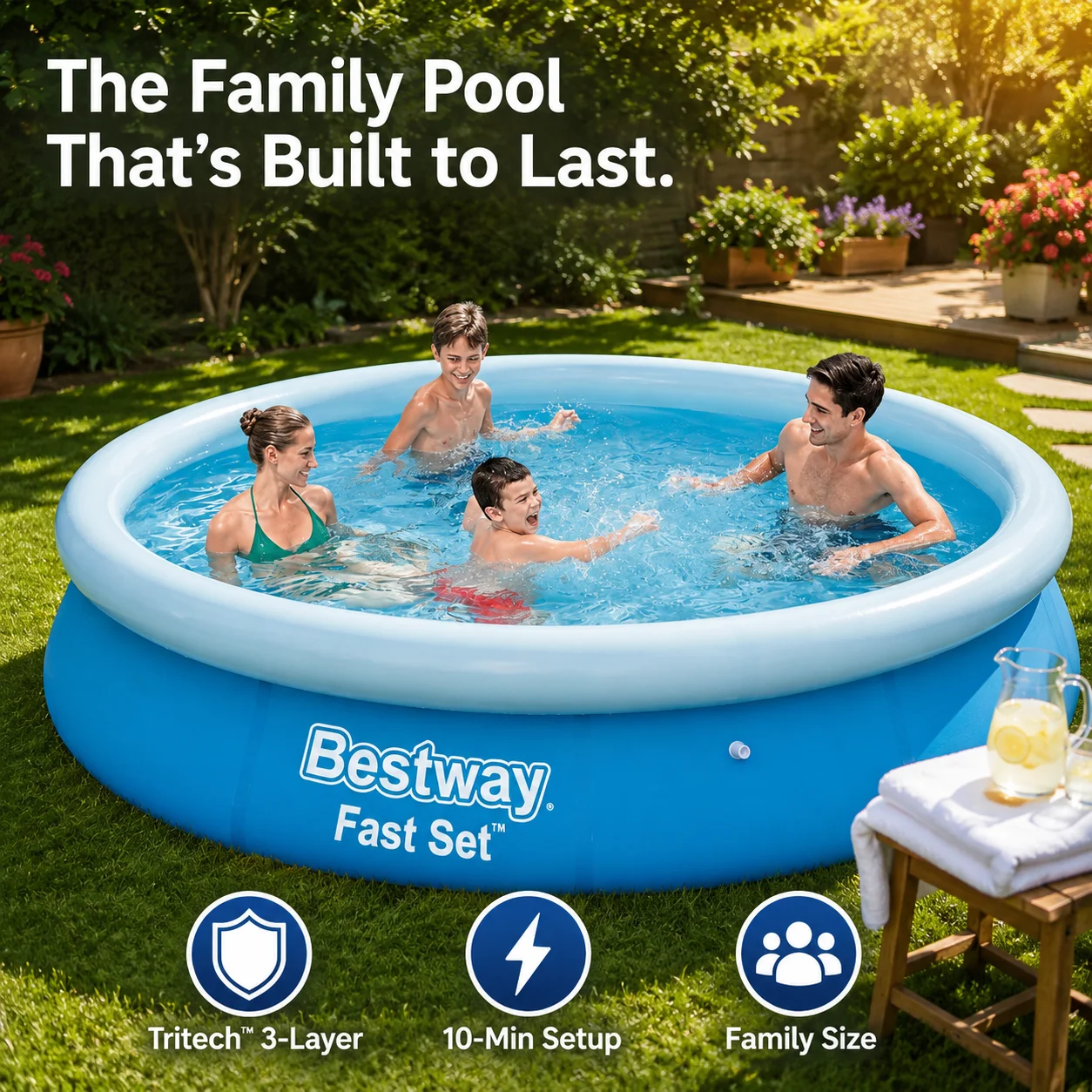 Piscine ronde gonflable 366x76 cm, piscine hors sol à montage rapide, piscine familiale avec parois renforcées Tritech, piscine de jardin extérieure pour adultes, installation et rangement faciles
