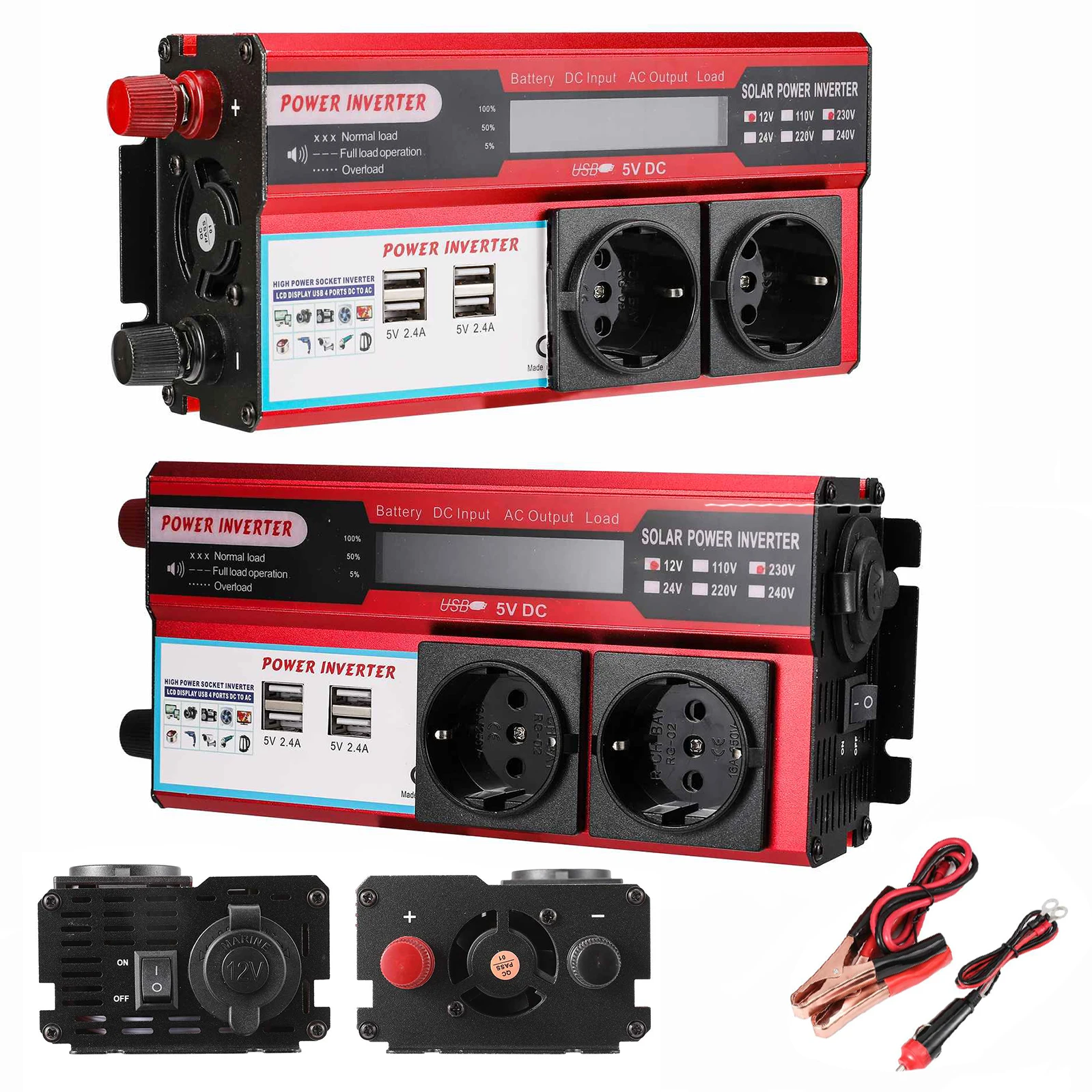 Wechselrichter mit Reiner Sinuswelle 3000W-4000W/DC 12V/24V zu AC/220V Spannungsumwandler Ladeadapter EU für Reisen und Camping Image