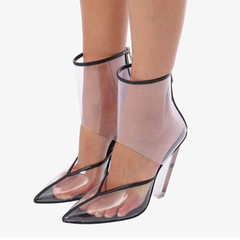 Transparente PVC-Keilsandalen im seltsamen Stil, spitzer Zehenbereich, Reißverschluss hinten, Punk-Stiefel, Keilabsätze, Party-Club-Schuhe, Größe 43