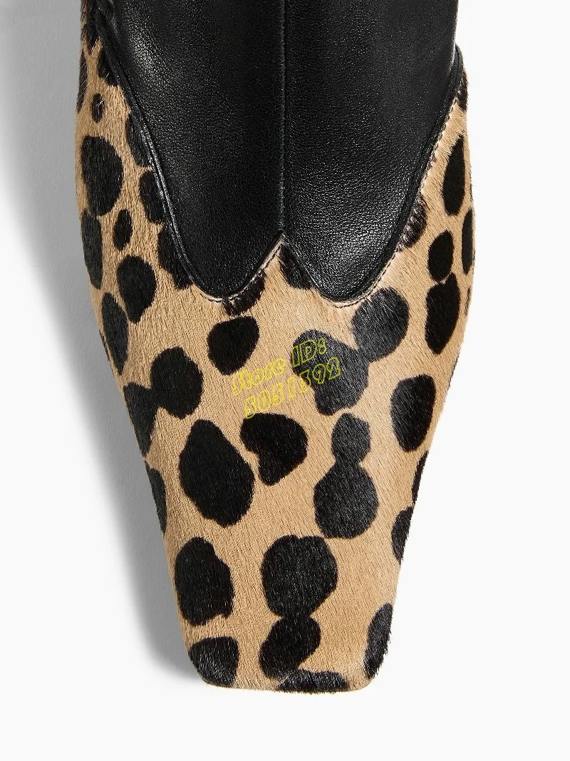 Leoparden-Patchwork Slip-On Stiefeletten mit Kleiner Quadratischer Spitze Blockabsatz Runway 2026 Winter Herbst Damen Schuhe Handgefertigt