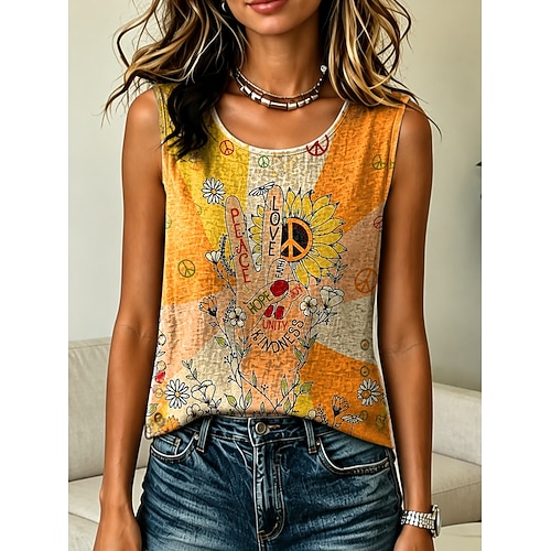 Damen Tanktop Druck Grafik Geometrisch Vintage Stilvoll Lässig Ärmellos Rundhalsausschnitt Normale Oberteile Lässig Täglich Gelb Orange Sommer Frühling Image