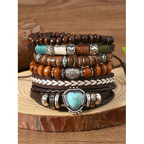 Herren-Armbandset im Boho-Stil, Vintage-Armbänder aus Leder und Holzperlen im Lagenlook, Armbänder mit Türkisakzenten, verstellbarer handgefertigter Schmuck für Freizeit, Reisen, Festivals und als Image