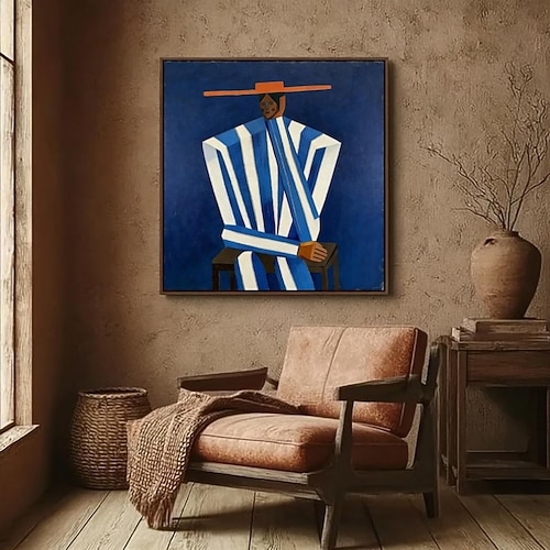 Handgemaltes Ölgemälde auf Leinwand, Wanddekoration im Vorstadtstil, blau-weiße Figuren, gerollt, rahmenlos, ungespannt Image