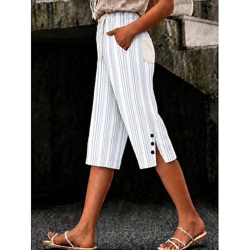 Damen Shorts aus Baumwollleinen Caprihose Leggings Abgeschnittene Hose Urlaub Vintage Küsten-Oma-Stil Knielang Mittlere Taille Blumen Grafik Abstrakt Druck Gestreift Komfort Unelastisch Täglich Image