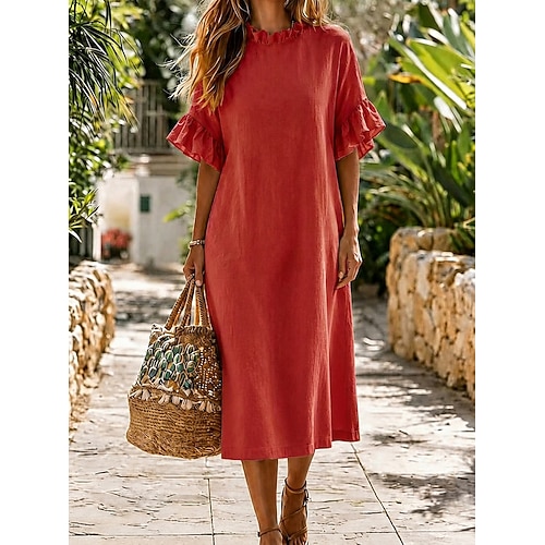 Damen Midikleid Shiftkleid Urlaub Mode Lässig Strand Urlaub Lässiger Schnitt Geometrisch Halbarm Rundhalsausschnitt Weiß Gelb Rote Himmelblau Sommer Image