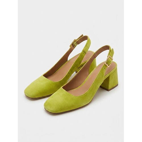 Bequeme hellblaue Wildleder-Slingback-Pumps für Damen – Retro-Pumps mit eckiger Zehenpartie, mittelhohem Blockabsatz und verstellbarem Riemen für den lässigen Alltag Büroarbeit Image