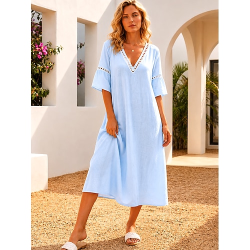 Damen Midikleid Sommerkleid Urlaub Lässig Boho Strand Party Date Lässiger Schnitt Einfach Kurzarm V Ausschnitt Blau Rosa Grün Beige Sommer Frühling Image