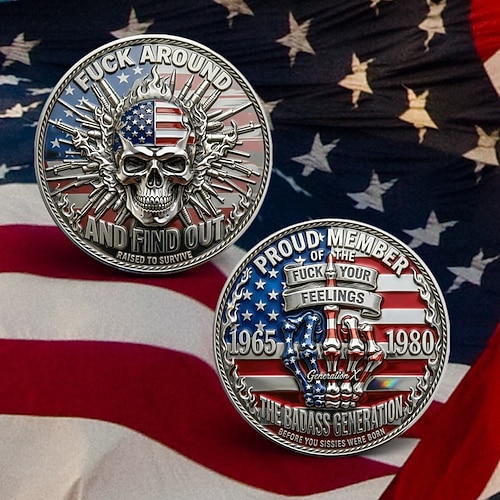 Generation X Challenge Coin, patriotische Totenkopf-Sammlermünze (1965–1980), Gedenkmünze für die coole Generation, witziges Geschenk für männliche Veteranen Image