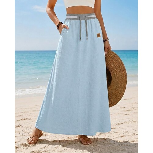 Damen Leinenmischung Basic Lässig Maxi Hohe Taille Röcke Kordelzug Unelastisch Marineblau Khaki Schwarz Himmelblau Sommer Image