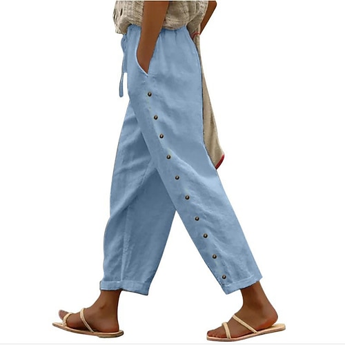 Damenhose aus 100 % Baumwolle, Sommerhose, Freizeithose, knöchellang, naturfarben, einfarbig, Seitentaschen, atmungsaktiv, bequem, ohne Gummizug, für Wochenende, blau, schwarz, weiß, khaki, Frühling Sommer Image